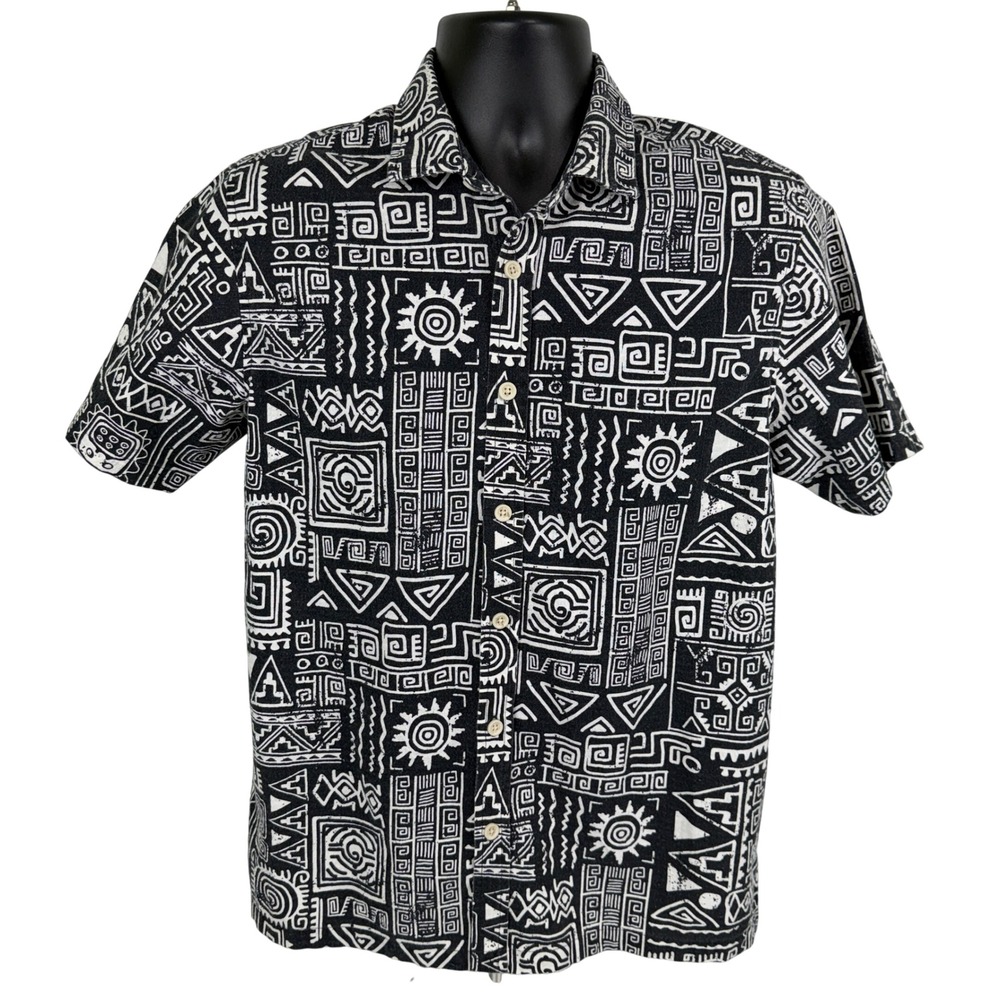 Folk Mens Small Black White Tribal Print Short Sleeve Button Up Shirt‎ Vintage